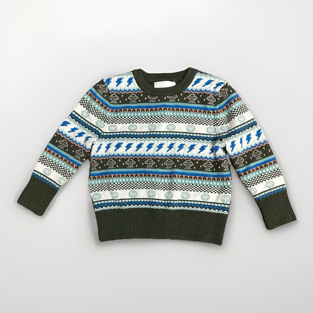 Rockets of Awesome Size 3T Green Blue Long Sleeve Knit Sweater UFO